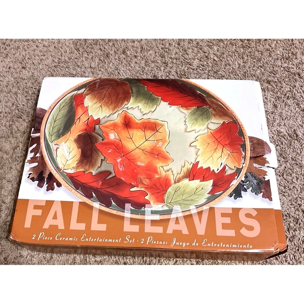 Clay Art Fall Leaves‎ Ceramic Entertainment Platter Dish Serving Bowl NIB Autumn